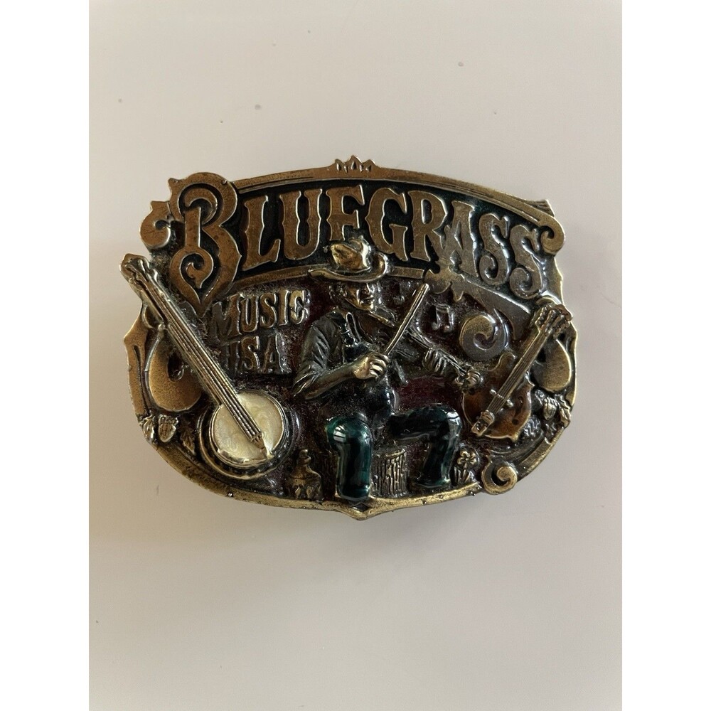 Vintage 1982 Pewter Bluegrass Music USA Belt Buckle